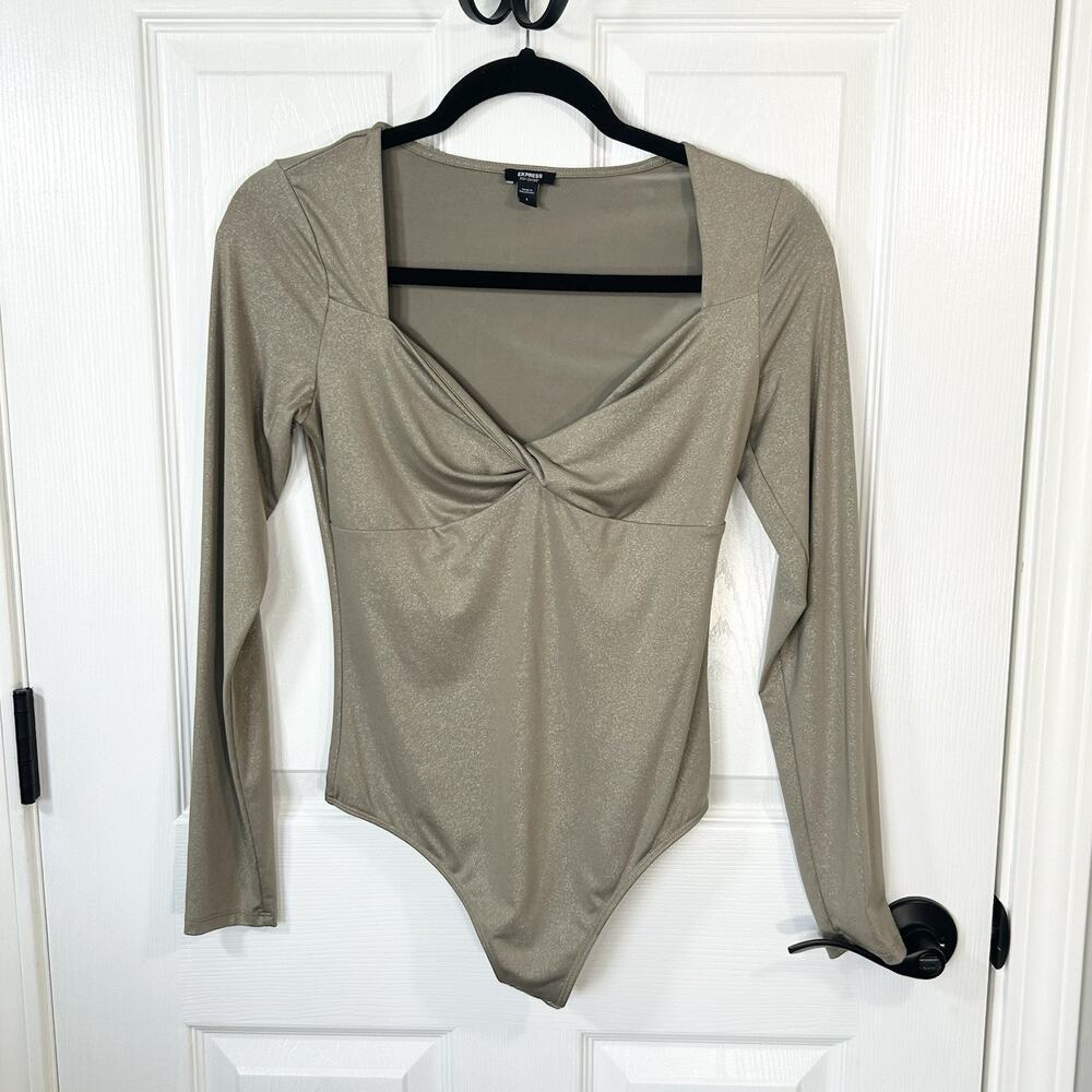 Express Body Contour Bodysuit Size Small Gold Shimmer Long Sleeve Sweetheart